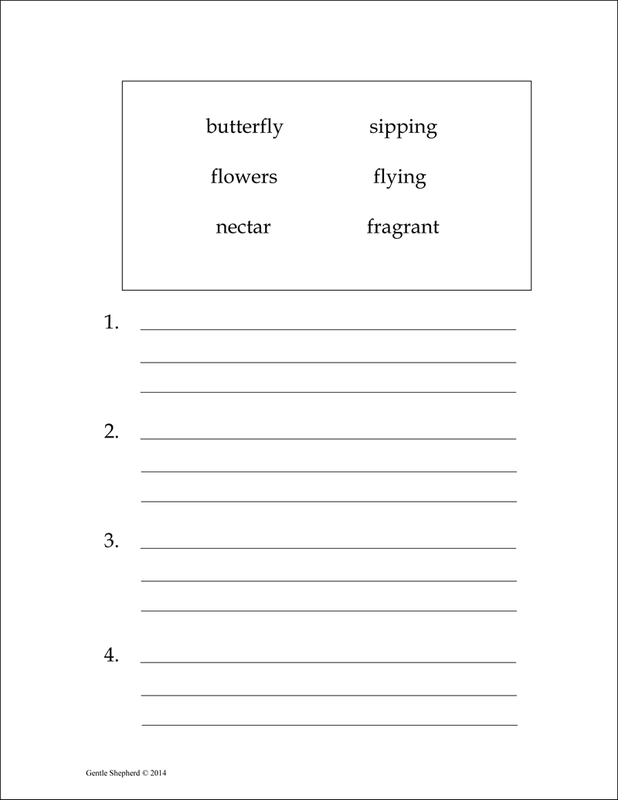 Word Box Writing example page -- butterfly, flowers