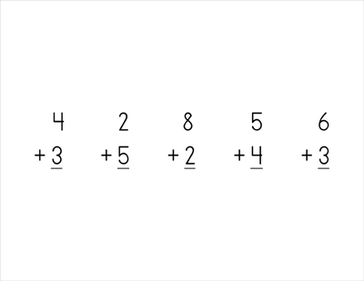 Preschool Math: Number Tiles example page -- adding 5 problems